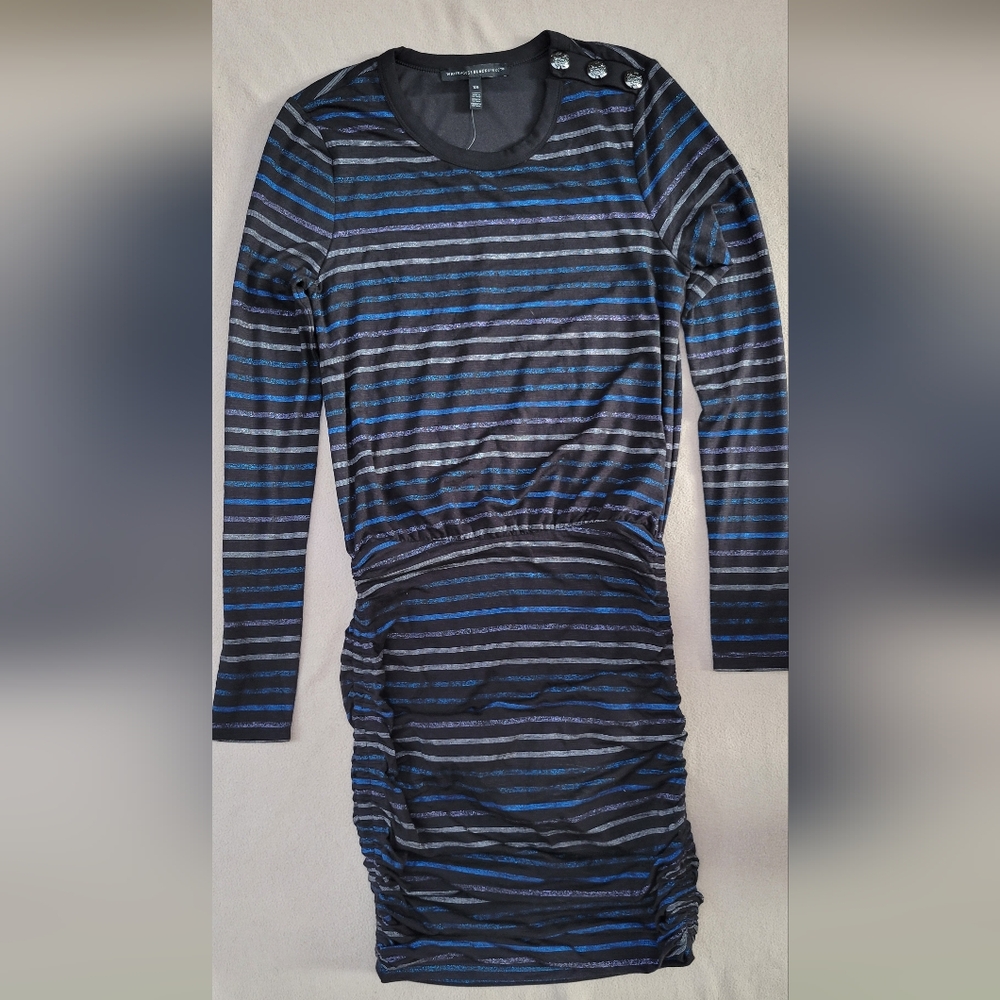WHITE HOUSE BLACK MARKET XS Stripe Metallic Mini Dress Long Sleeve Ruched NWT